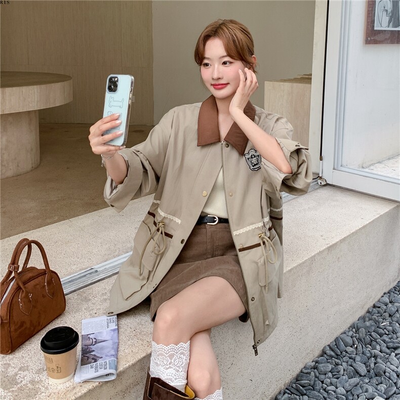 韩系收腰显瘦工装风衣外套女2025年春秋季新款拼接撞色超好看上衣,女装短外套,2C307