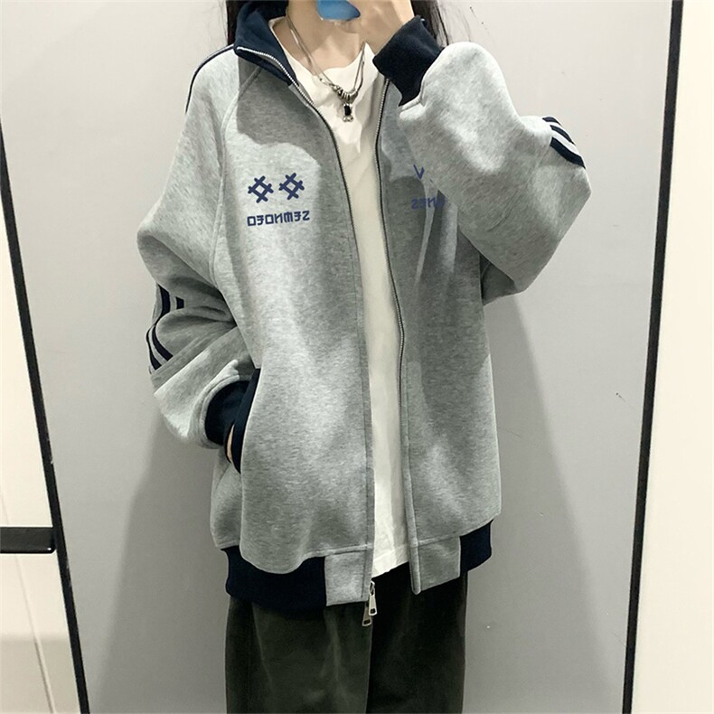 抖音得物美式高街重磅结构设计拼接织带立领印花卫衣外套ACM4204,女装短外套,电商A443