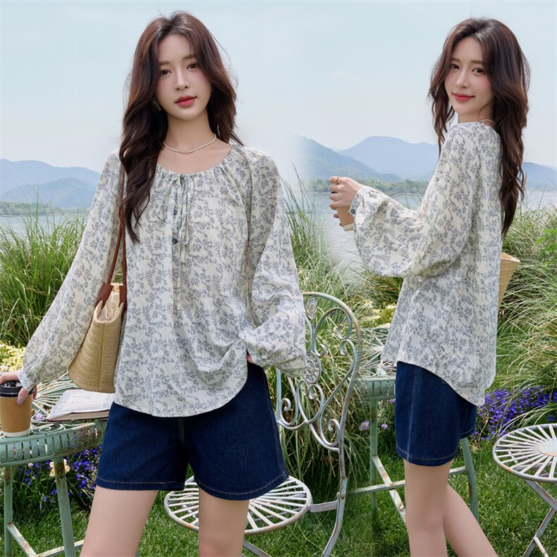 水衣源3730款长袖大圆领可一字肩洋气防晒碎花宽松小衫女，女装防晒衣，水衣源