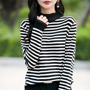 2025秋冬新款蕾丝边半高领条纹内搭毛衣女木耳边针织打底衫上衣潮图片