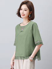 长期有货时尚休闲女2026新款韩版夏季短袖宽松棉麻苎麻复古风洋气，女装衬衫，璐依舞