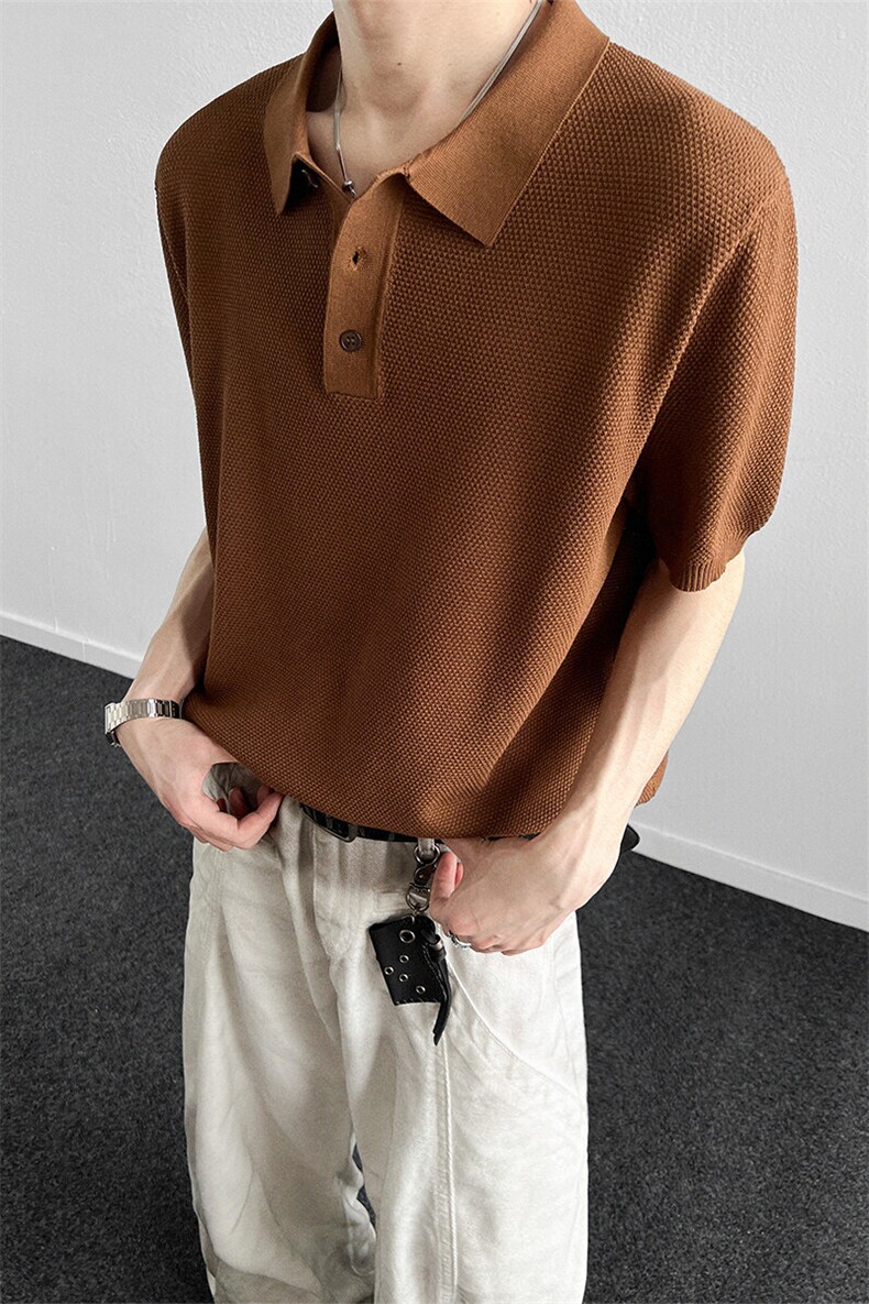 黑蓝色欧式高端男轻奢商务休闲菠萝纹针织短袖POLO衫,男装T恤,星座914