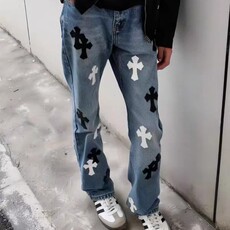 1506-1/KK341/P62美式高街蓝色十字架皮标刺绣牛仔裤男女休闲长裤，男装牛仔裤，星座1506-1