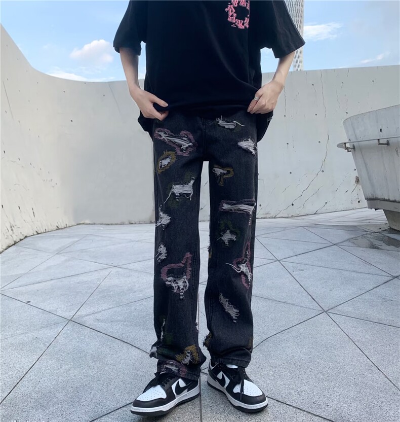 vibe美式复古高街针缝破洞牛仔裤男欧美潮牌嘻哈直筒宽BK41-P73,男装牛仔裤,星座1109-3
