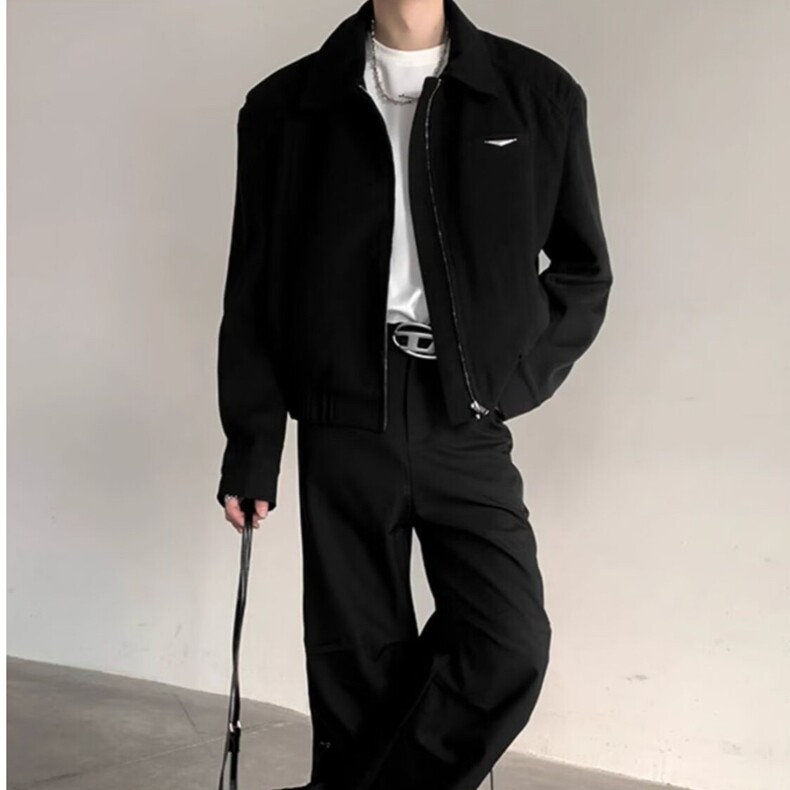 正肩短款夹克男款秋冬季美式高街cleanfit痞帅设计感垫肩呢子外套图片