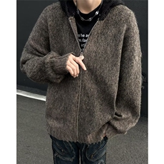 美式复古重磅宽松开衫毛衣海马毛外套男撞色连帽高街针织衫X056，男装针织衫/毛衣，星座506