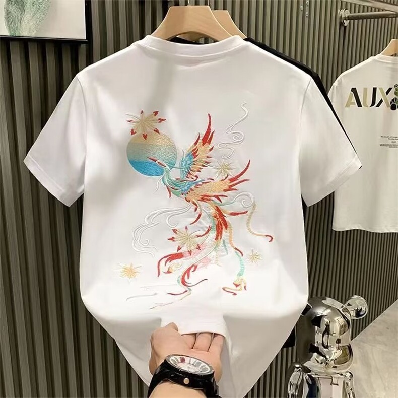 欧货青年男款圆领凤凰刺绣短袖T恤男2025夏季新款宽松潮流半袖男,男装T恤,电商B212（原钱塘6029）