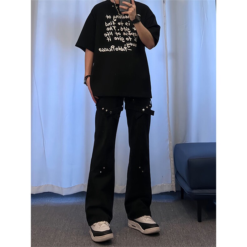 美式hiphop裤子高街vibe交叉绑带牛仔裤修身直筒微喇叭裤,男装牛仔裤,星座310A-4