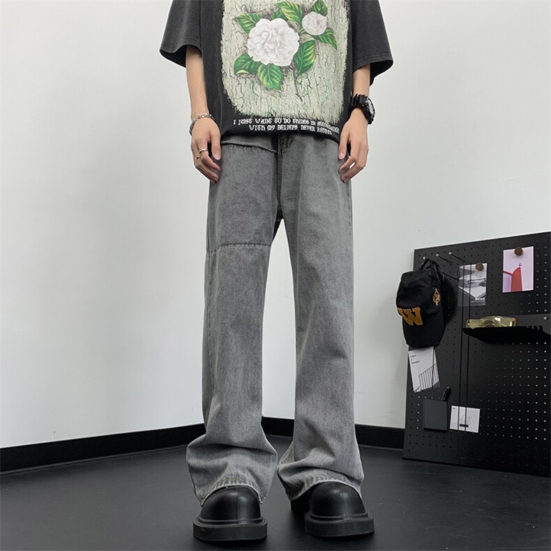 美式高街夏季新款做旧设计感宽松复古直筒休闲微喇裤图片