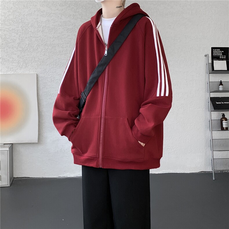 8XL-M秋冬美式运动三条杠条纹开衫卫衣连帽特大码宽松JK5206/P65,男装卫衣,电商B238