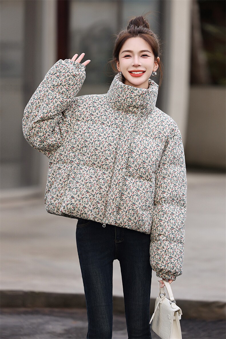 小碎花立领短款羽绒服女2024冬季新款时尚保暖白鸭绒小个子短外套,女装羽绒服,歌伊格美