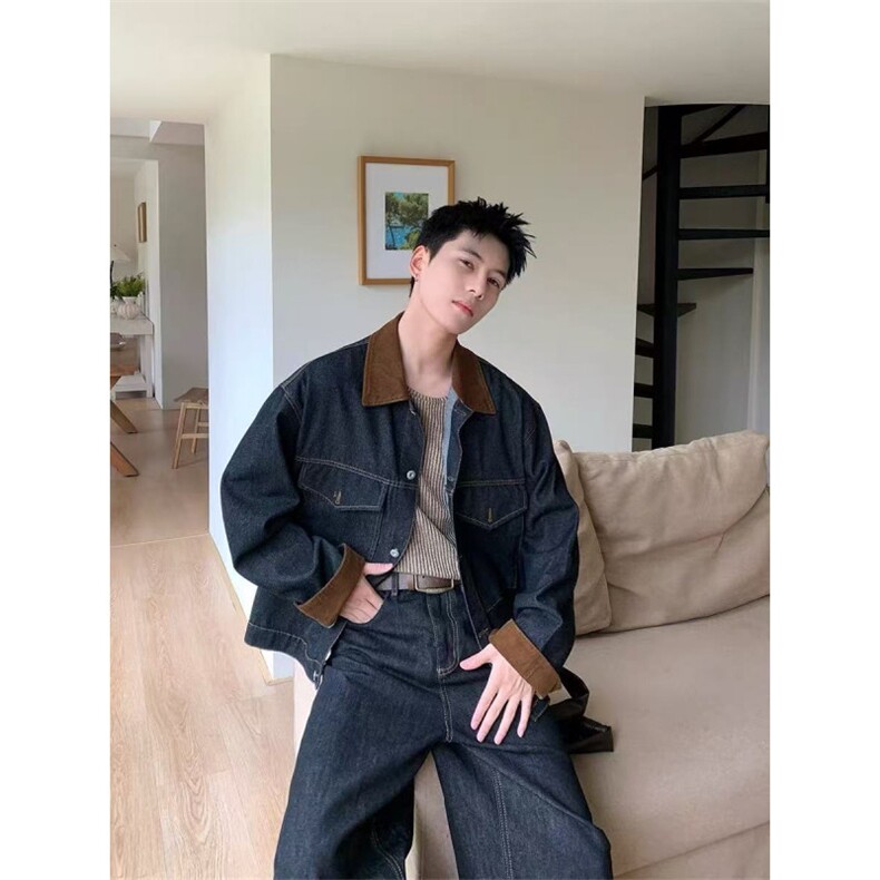 美式潮牌复古巴恩风黑色牛仔外套工装vintage翻领夹克男J96-P85，男装工装外套，星座310A-4