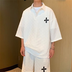 2023港风文艺休闲套装男春夏宽松潮流两件套短袖T恤五分裤，男装休闲套装，星座716-3