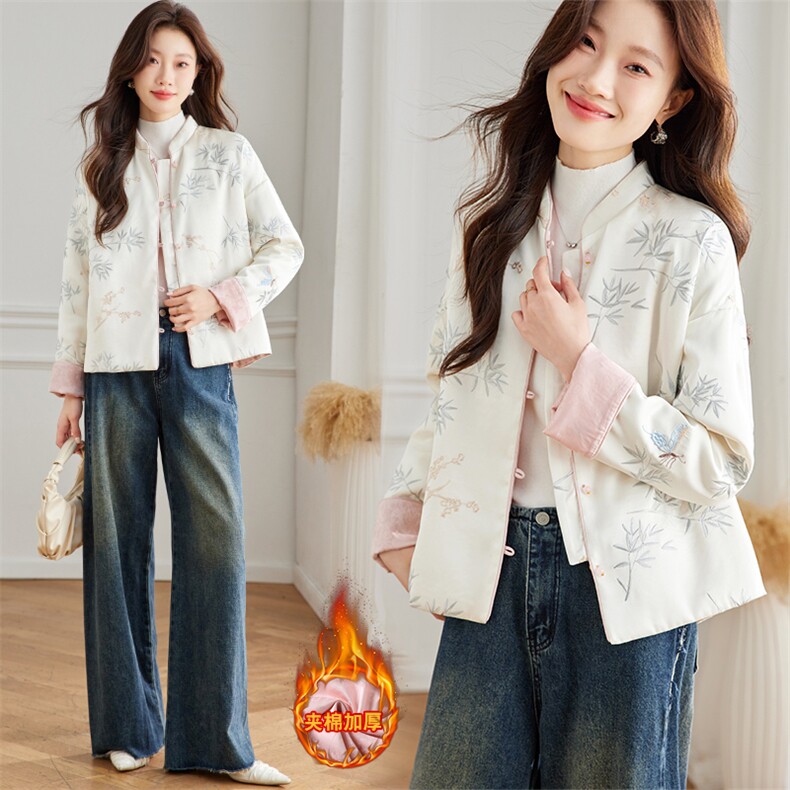 新中式浮雕刺绣竹叶提花外套女2025春季新款洋气两面可穿国风上衣，女装棉衣/棉服，新依时派