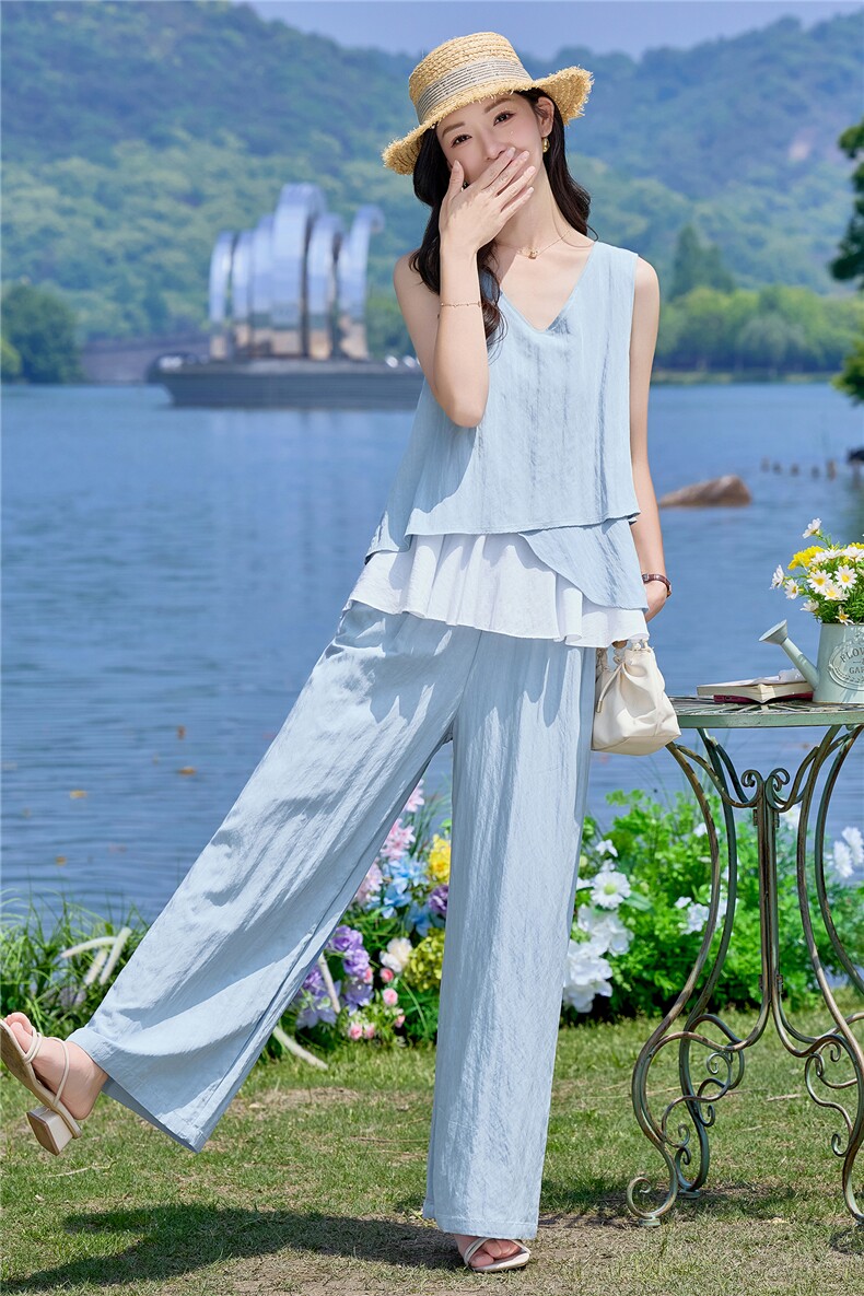 （新款现货）2026夏装时尚莱赛尔花苞假两件上衣阔腿裤套装两件套,女装套装/套裙,印象茜