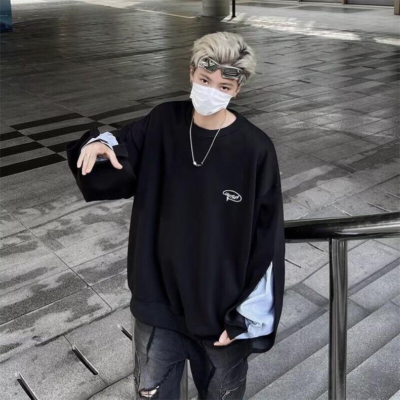 黑色假两件衬衫拼接卫衣男2025春秋新款设计感痞帅上衣服WA48,男装衬衫,星座1116A-1（原606A）