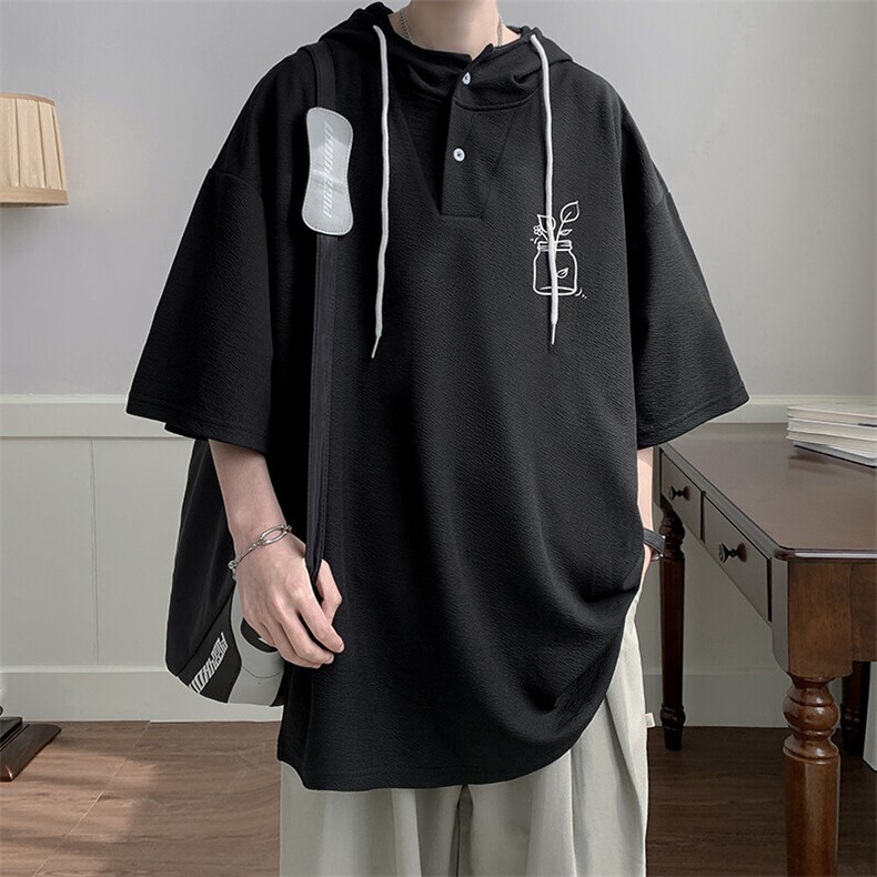 LD5430-P45连帽短袖t恤男大码胖子带帽五分袖中袖,男装T恤,电商A040