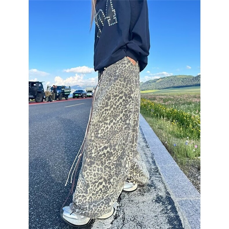 复古水洗做旧豹纹牛仔裤男女设计感春季宽松直筒筒垂显瘦休闲长裤,女装休闲裤,星座1210-1