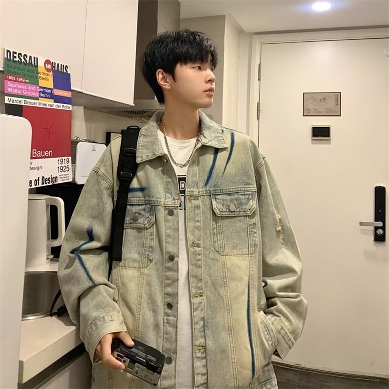 扎染黄泥色牛仔外套男款春秋季复古水洗做旧休闲工装夹克W049,男装夹克,星座1116A-1（原606A）