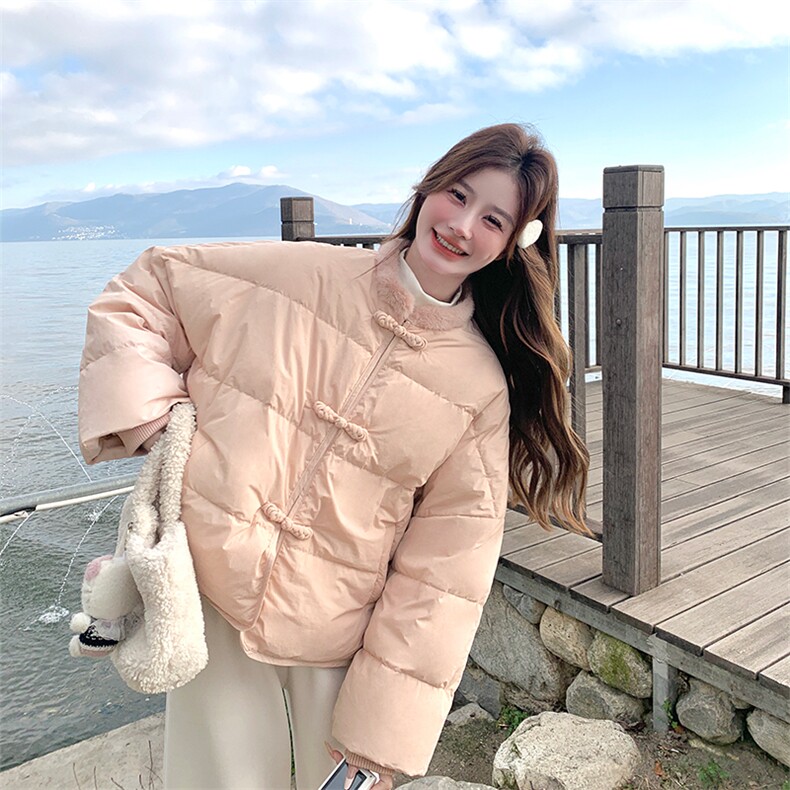 粉色新中式盘扣减龄羽绒服女2025冬季新款小个子保暖气质休闲外套,女装羽绒服,2C010