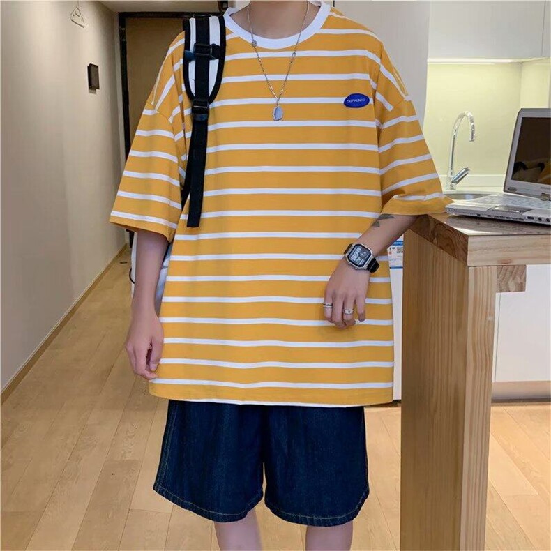 夏季黄色条纹短袖男t恤ins超火宽松学生衣服男女港味chic,男装T恤,星座218-1（原230）