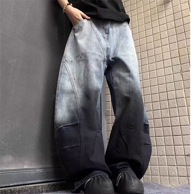 潮牌高街拼接弯刀阔腿牛仔裤男女2025秋时尚宽松显瘦高腰拖地裤图片
