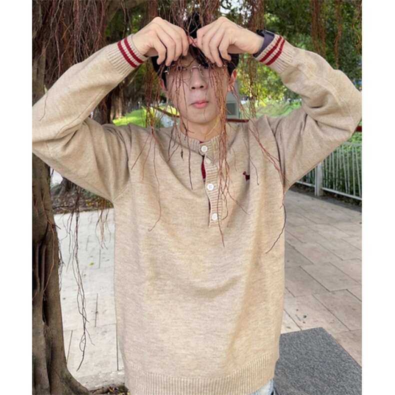 小狗刺绣亨利领毛衣男美式老钱风拼色棕色系针织衫MY9583,男装针织衫/毛衣,星座1116A（原606A-3）