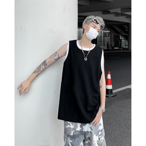 夏季新款克罗心华夫格假二件背心宽松版无袖圆领T恤男 ZX438-P28图片