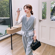 小众设计感蕾丝拼接马甲套装女2025春季韩系休闲百搭阔腿裤三件套，女装套装/套裙，2C129