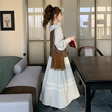 法式复古蕾丝拼接长袖连衣裙女2025春秋新款设计感长裙子两件套，女装套装/套裙，2C037
