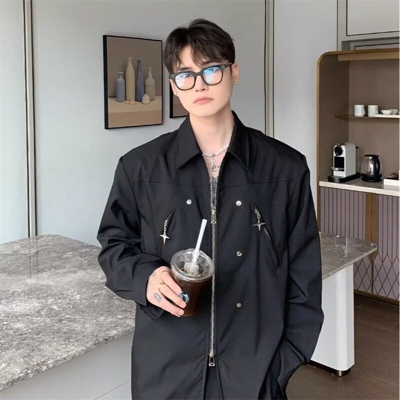 高级感小众结构金属拉链垫肩衬衫痞帅长袖衬衣男韩版宽松开衫外套,男装衬衫,星座506A