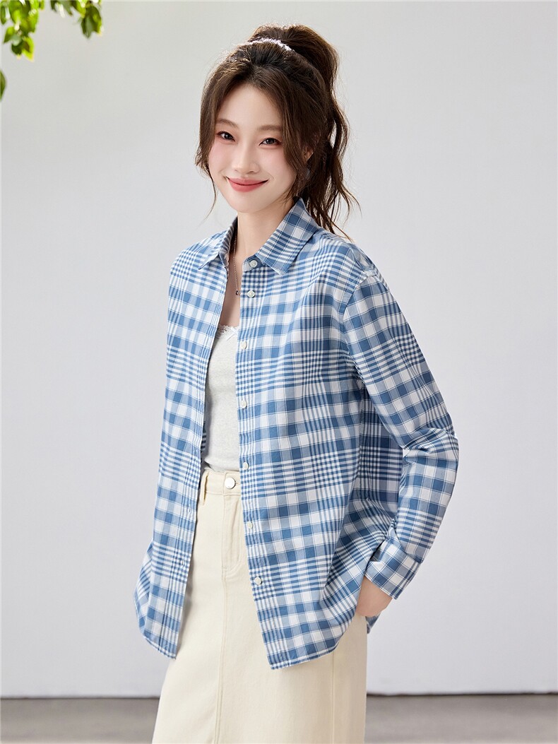 2026春夏新款蓝白格纹衬衫女学院风宽松慵懒风叠穿衬衣透气纯棉,女装衬衫,艾米