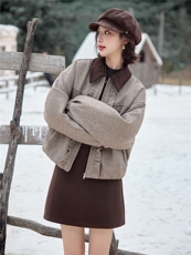 水衣源2902款撞色翻领木耳边羊毛呢外套女冬季夹棉保暖呢子夹克女，女装棉衣/棉服，水衣源