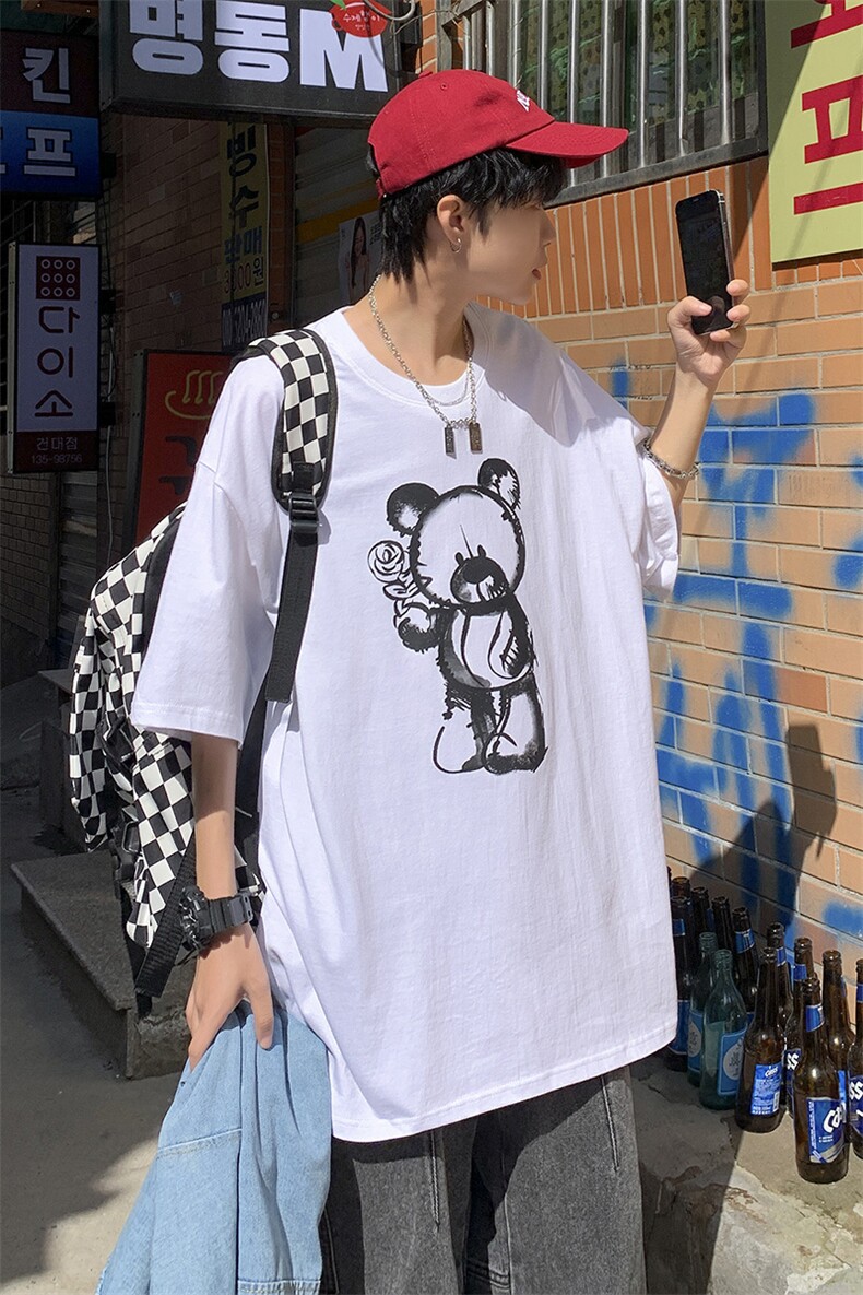 夏季新款大码T恤港风宽松休闲小熊印花情侣上衣A071-5515-P28,男装T恤,电商A071