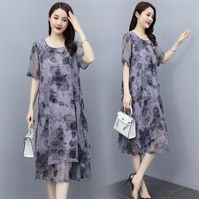 大花圆领高腰套头A字裙短袖中长款连衣裙2021夏季，商品下架区，华秀衣