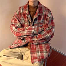 美式复古红色格子百搭衬衫外套男日系宽松休闲设计感小众翻领夹克，男装夹克，星座601-2
