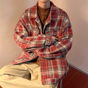 美式复古红色格子百搭衬衫外套男日系宽松休闲设计感小众翻领夹克图片