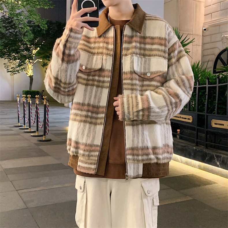 现货港风毛呢夹克男宽松格子呢子大衣外套DSA157B-J237-特P90,男装夹克,电商A157B