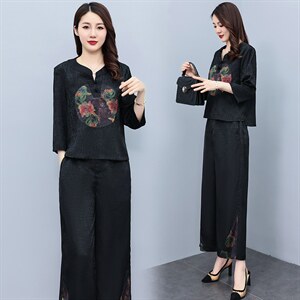 HXY803香云纱2022夏新款高端真丝时尚洋气复古套装阔腿裤两件套图片