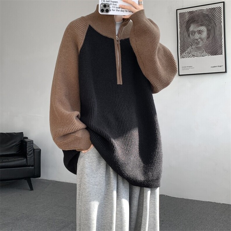 8XL-M撞色半拉链毛衣宽松慵懒风插肩袖大码针织衫外套MY1513/P75图片