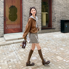 休闲时髦两件套2025秋季新款学院风穿搭卫衣高腰格子半裙三件套女，女装套装/套裙，2C010