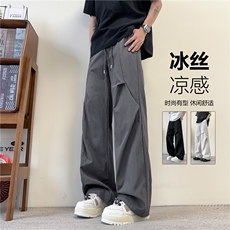 抖音品质夏季新款美式褶皱设计宽松冰丝裤B315-K25798-特p30控58，男装休闲裤，电商B315