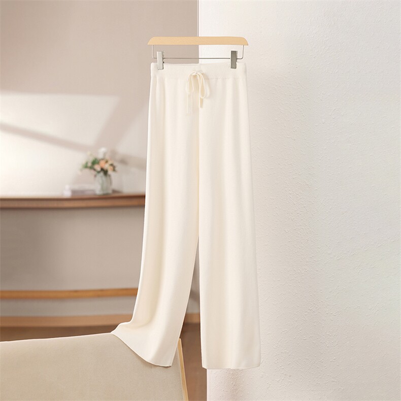 新款针织阔腿裤女高腰弹力垂感加厚保暖直筒裤小个子拖地裤打底裤，女装休闲裤，松航羊绒