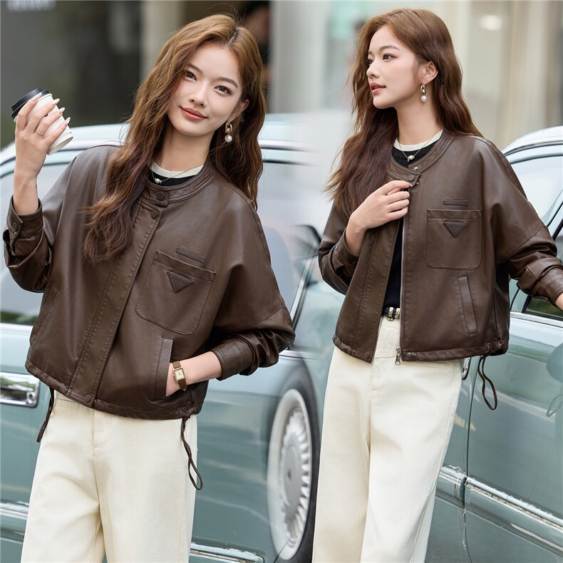 2025秋季女装新款大量现货时尚立领短款皮衣外套，女装皮衣，缘衣格