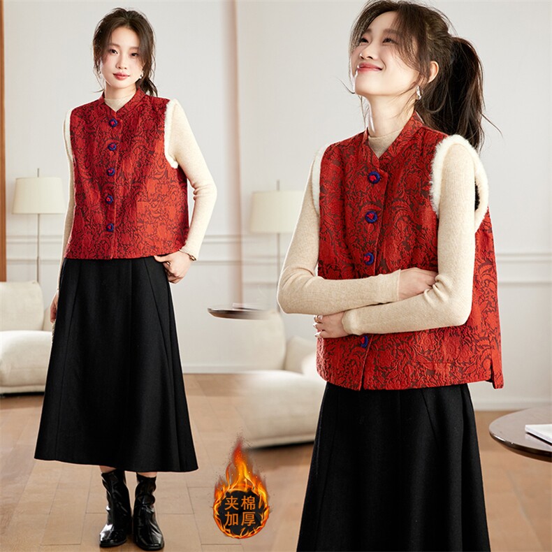 圣诞款提花人丝口袋加棉拼接貂毛马甲2025年冬季夹棉纽扣棉服，女装马甲，新依时派