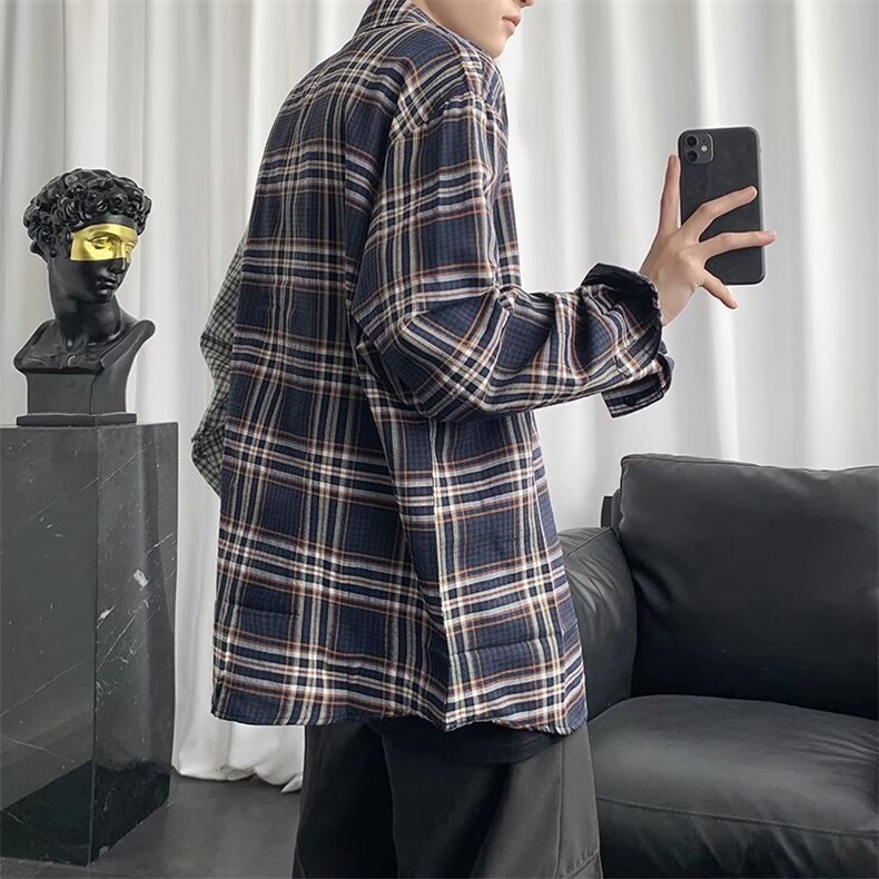格子拼接长袖衬衫春款男港风潮流T04P32,男装衬衫,星座1116-2