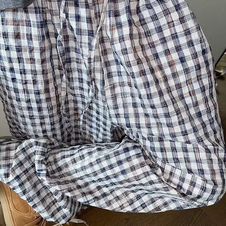 拉夏贝尔冰丝棉木耳边格子阔腿裤女夏日薄款松紧腰直筒九分休闲裤图片