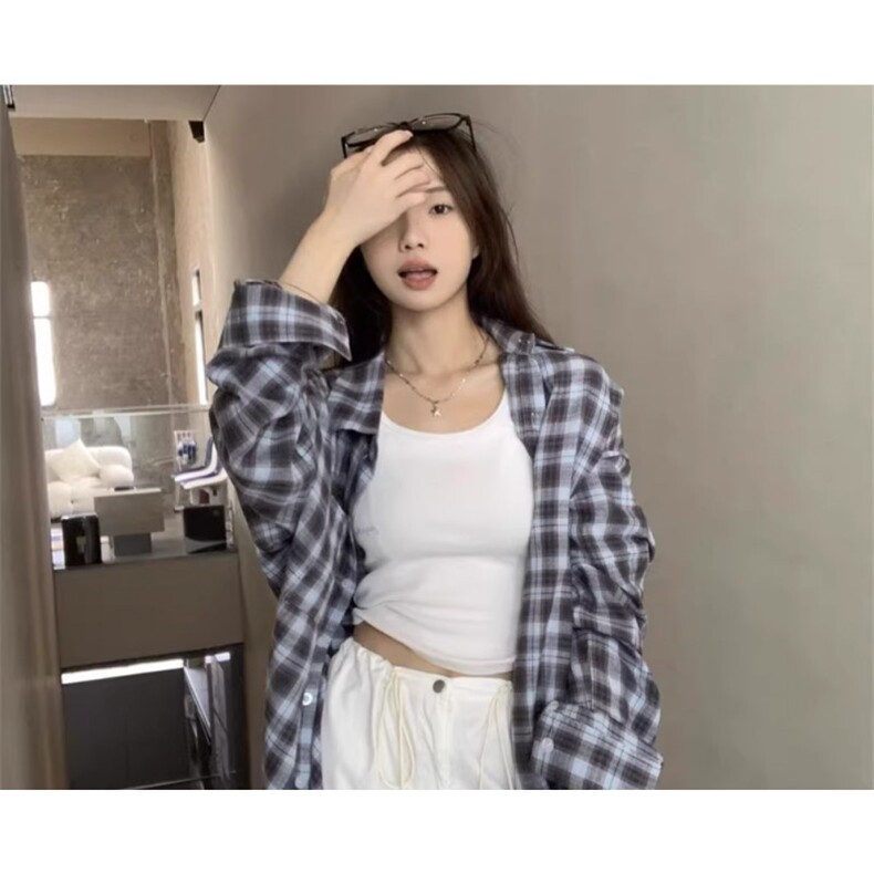 TC760-P45港味复古格纹长袖衬衫女宽松休闲设计感显瘦百搭外套,男装衬衫,星座617A-2