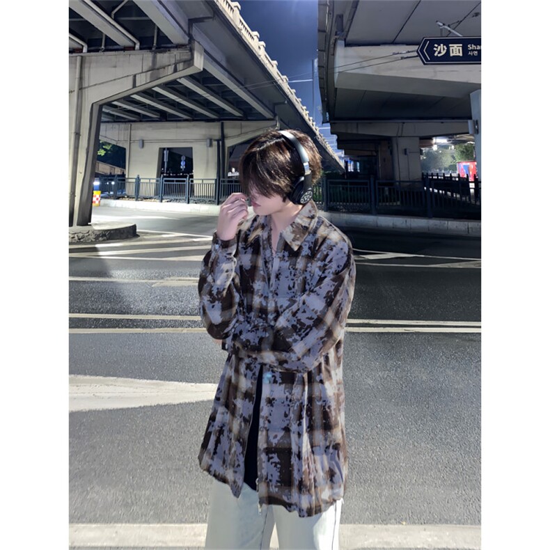 春季长袖衬衫外套男高级感痞帅美式格子扎染翻领拉链开衫衬衣潮牌,男装衬衫,星座410-7