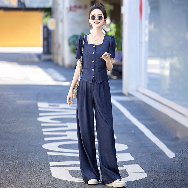 天丝牛仔套装女夏潮2024新款薄款高端欧货时尚复古阔腿裤两件套,女装套装/套裙,布芭啦